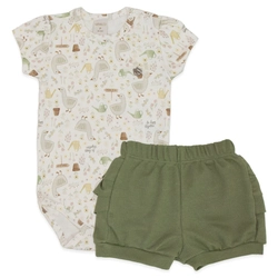 Conjunto Body Manga Curta Bordado e Shorts Babado Suedine Feminino – Little Sweet