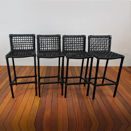 Conjunto 4 Banquetas Em Corda Sintética e Alumínio Pintura Epóxi Dourados