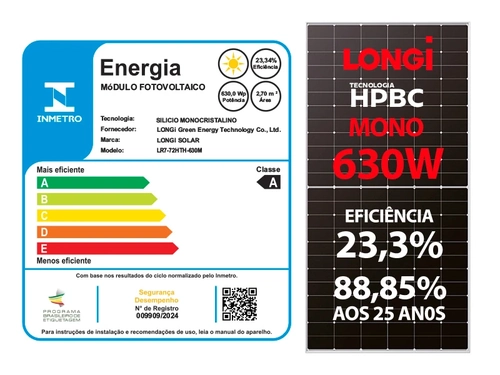 Painel Solar Fotovoltaico LONGi LR7-HTH-630M – 630 W, 144 Células, Monocristalino BC, 23,34% de Eficiência