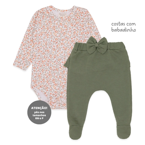 Conjunto Body Manga Longa com Gola Bordada e Mijão Laço Suedine e Tricot Feminino – Bosque