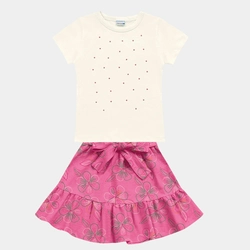 Conjunto Blusa Manga Curta e Saia Com Aplicação de Pedrinhas Fakini Feminino