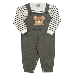 Conjunto Camiseta Manga Longa e Jardineira Moletom Ursinho Off e Verde Randa Mundu - Masculino