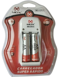 Carregador de Pilhas Mox CP31 c/2 pilhas AA 2600mAh.