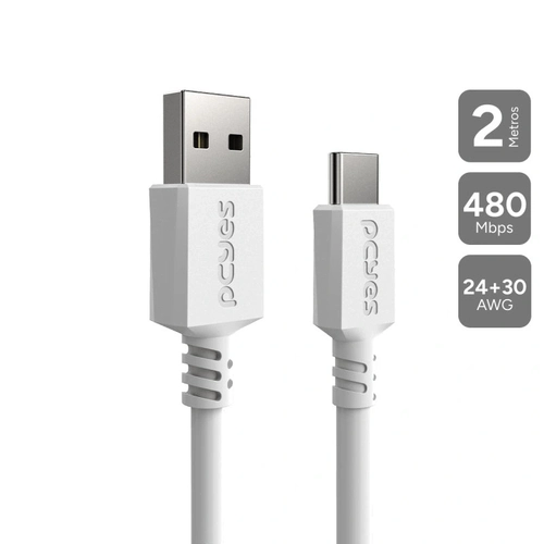 Cabo para Celular Tablet Carregamento Usb a 2.0 m P/ Usb Tipo-c - Branco - 2 Mts - Puacb-02
