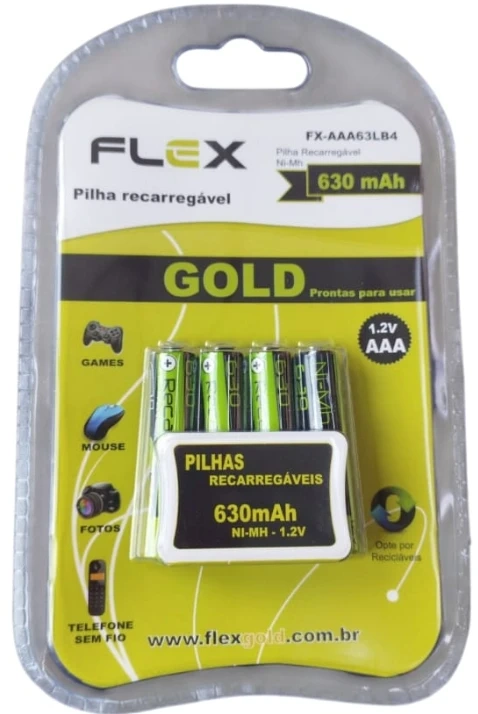 Pilha Recarregável AAA Flex 630mah (palito) com 4 unidades.