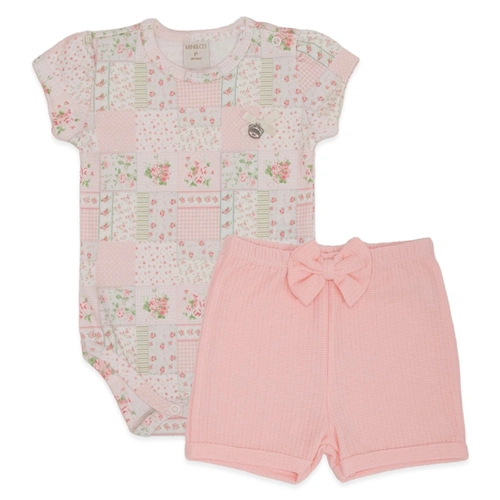 Conjunto Body Manga Curta Estampado e Shorts com Laço Suedine Feminino – Patchwork