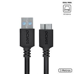 Cabo para Hd Externo Usb a 3.0 Macho para Micro Usb b 3.0 (10 Pinos) Macho 28awg Puro Cobre 3 Metros - Puamcm3-3