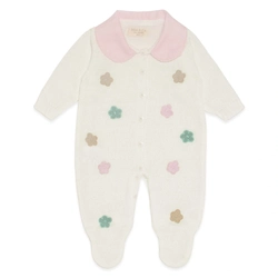 Macacão Manga Longa Tricot Florzinhas com Gola Rosa Feminino