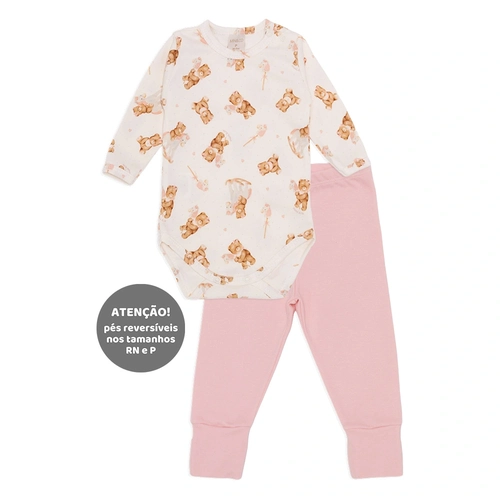 Conjunto Body Manga Longa e Mijão Com Pé Reversível Suedine Feminino - Ursinha e Cavalinho
