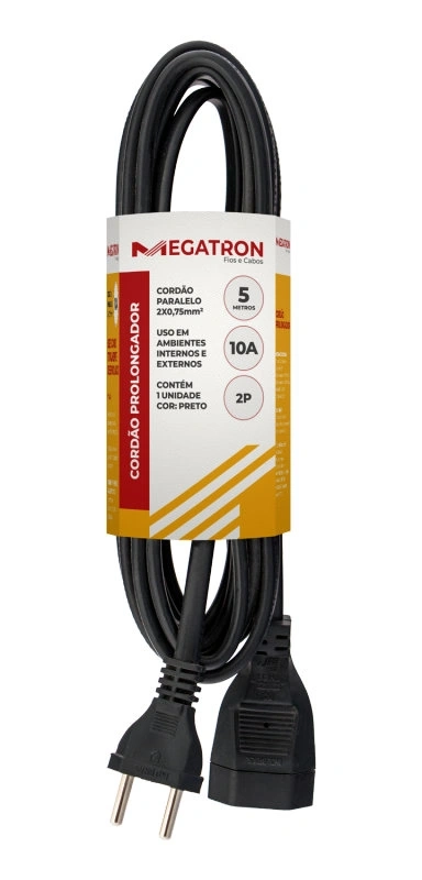 Cordão Prolongador 250v 10a Pp Plano 3x0,75mm - 5mts - Preto