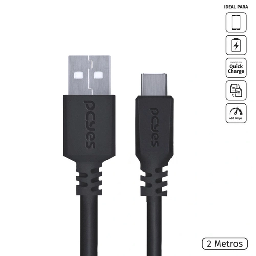Cabo Usb a 2.0 Macho P/ Usb Tipo-c - Preto - 2 Metros - Puacp-02