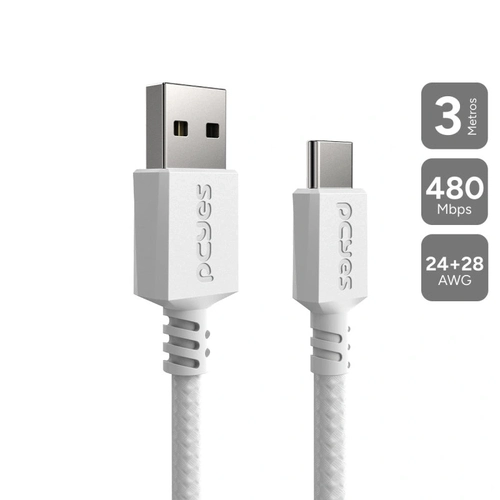 Cabo Usb a 2.0 Macho P/ Usb Tipo-c - Branco - 3 Metros - Nylon - Cbpy03b