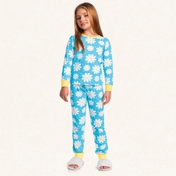 Conjunto Pijama Manga Longa Malha Flores Azul Fakini - Feminino