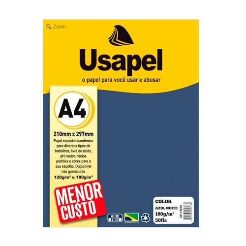 Papel A4 Azul Noite 180g/m² 210mmX297mm Cx 50 Unidades Usapel