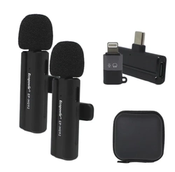 Kit 2 Microfone de Lapela Sem Fio Wireless Receptor Profissional Alcance 50 Metros Tipo C e Adaptador Lightning Com Case - Cor Preto