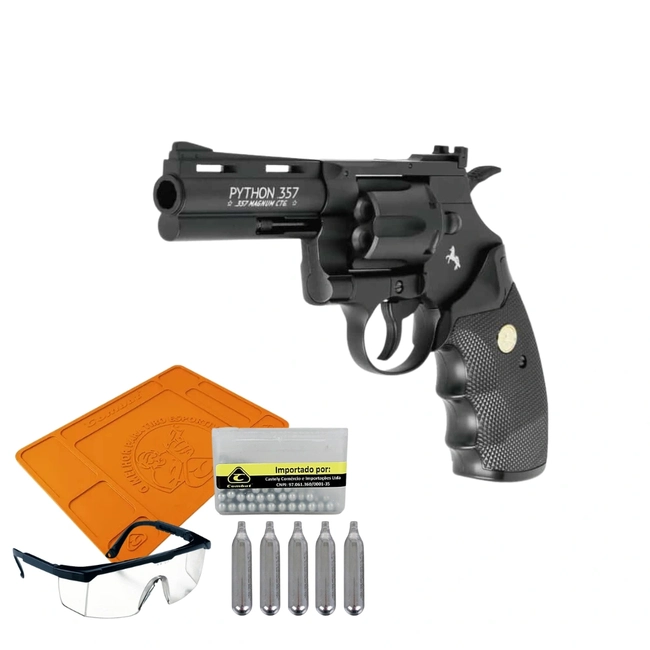 (Kit) Revolver Python Colt 4,5mm Licenciada + Óculos de Proteção + Gunpad + 5 Cilindro de Co2 + Esferas - (Umarex)
