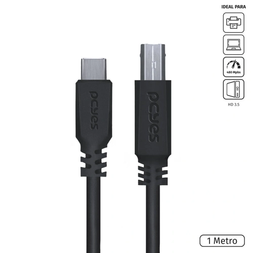 Cabo Para Impressora Usb-C Tipo-C Para USB 2.0 Pcyes 1 Metro Preto - PUCBP-1