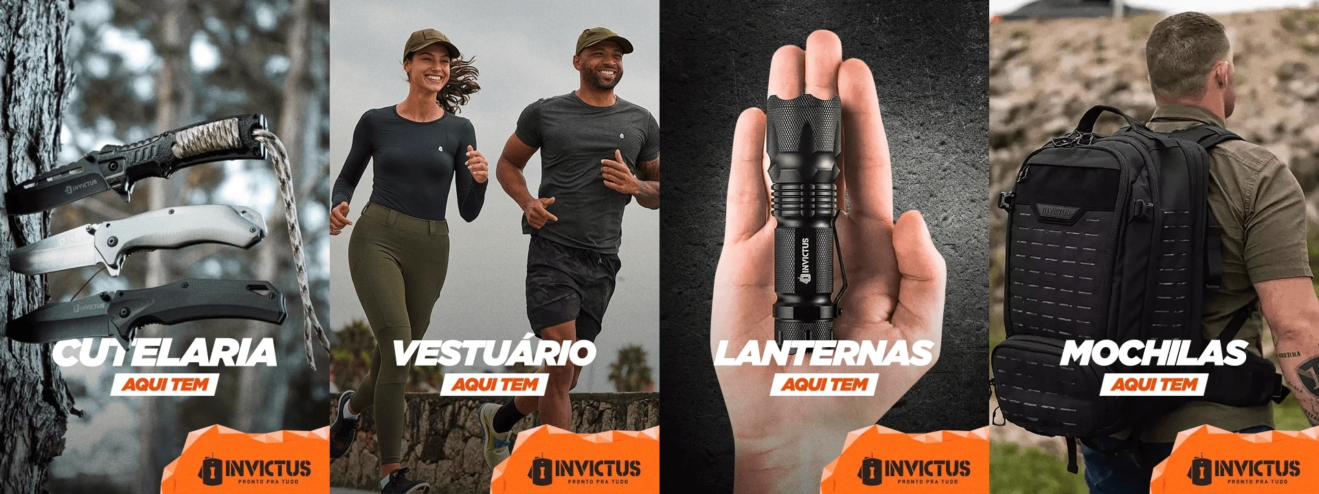 Cutelaria, vestuário, lanternas, mochilas invictus