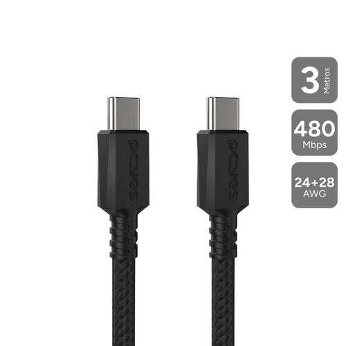 Cabo para Celular Carregamento Usb Tipo-c P/ Usb Tipo-c 2.0 - Preto - 3m - Nylon - Pucc2-3p