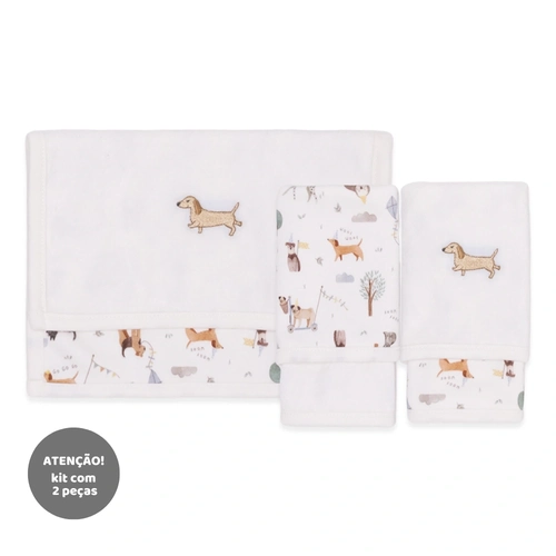 Kit de 2 Toalhas de Boca Suedine com Forro Atoalhado Masculino - Cachorrinho no Parque