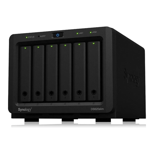 NAS Synology Diskstation 6 baias DS620 Slim (Celeron J3355, 2GB DDR3, 6x HD/SSD de 2.5pol, 2x 1GbE LAN, sem discos)