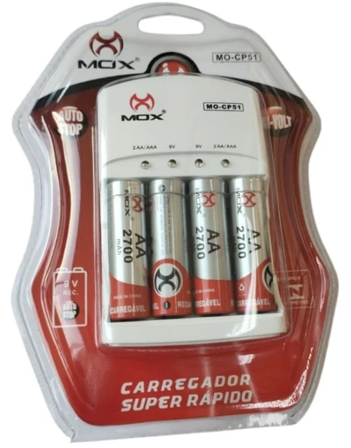 Carregador de Pilhas Mox CP52 c/4 pilhas AAA 1000mAh.