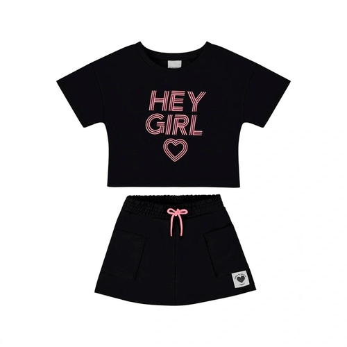 Conjunto Camiseta Manga Curta e Shorts Saia Malwee Hey Girl Feminino - Preto