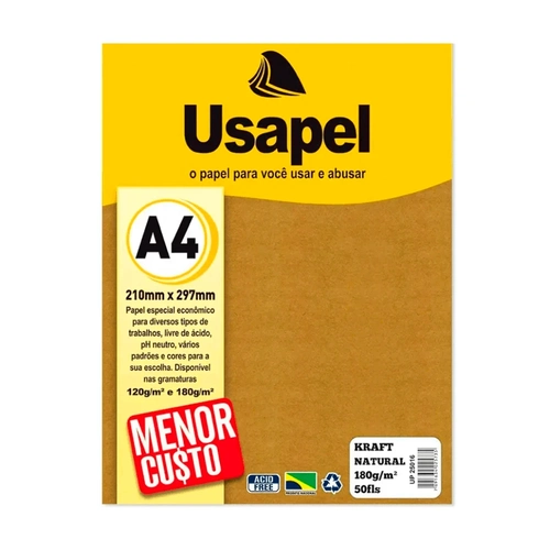 Papel A4 Kraft Natural 180g/m² 210mmX297mm Cx 50 Unidades Usapel