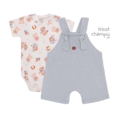 Conjunto Body Manga Curta e Jardineira Amarração Suedine e Tricot Masculino – Cachorrinhos