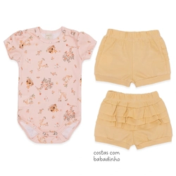 Conjunto Body Manga Curta Bordado e Shorts Babado Suedine Feminino – Bosque