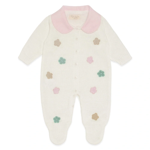 Macacão Manga Longa Tricot Florzinhas com Gola Rosa Feminino