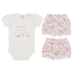 Conjunto Body Manga Curta Estampado e Shorts com Laço e Babado Suedine Feminino – Floral Coelha