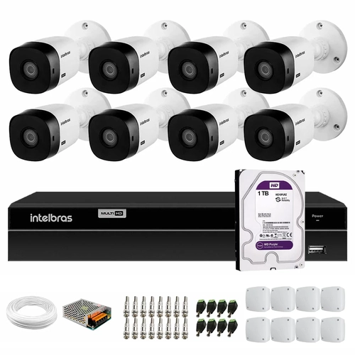 Kit 8 Câmeras Intelbras VHL 1120 Bullet HDCVI Lite, HD 720p, Lente 3.6mm, Visão Noturna 20m, IP66 + DVR Intelbras MHDX 1308 8 Canais Multi HD + HD 1TB