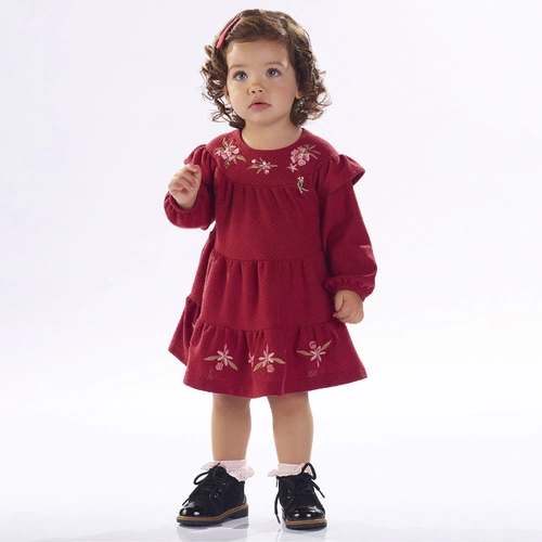 Vestido Manga Longa Tricot Bordado Vermelho Flores Kiki Xodó - Feminino