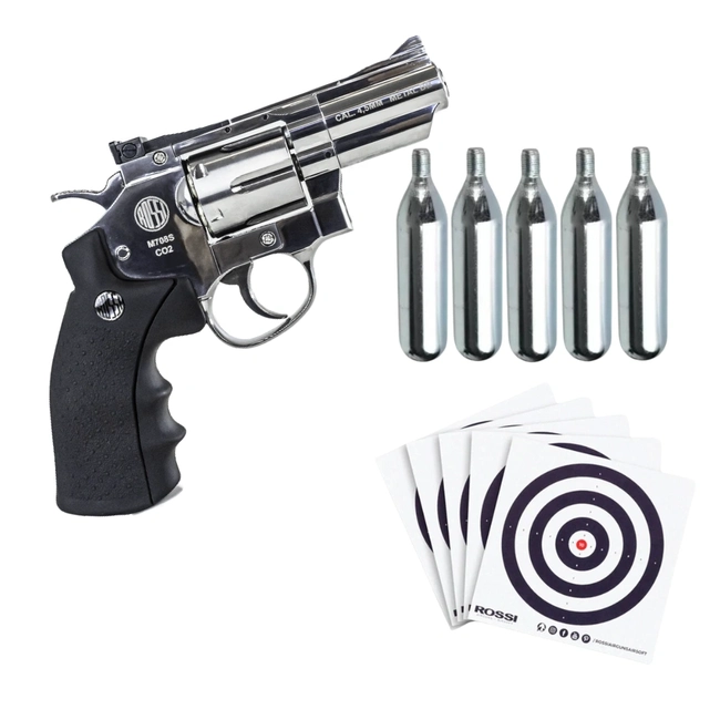 (Kit) Revólver Pressão Airgun Wingun 708S 2Pol. CO2 4,5MM + 10 Cilindros de Co2 + 40 Alvo Treino 14cmx14cm Azul (Rossi)
