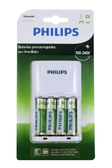 Carregador de Pilhas Philips SCB2445NB c/4 pilhas AA 2450mAh.