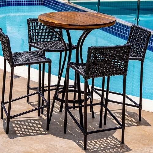 Conjunto Mesa Bistrô Madeira 4 Banquetas Corda e Alumínio Epóxi Maringá
