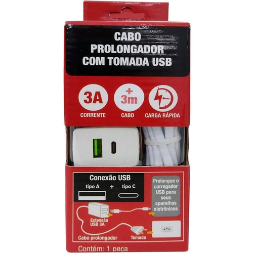 Cabo Prolongador 3a C/ Tomada Usb 3m Branco Force Line