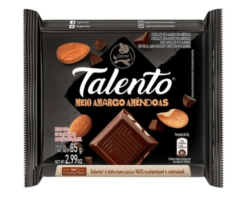 Barra De Chocolate Meio Amargo Amêndoas Talento 85g