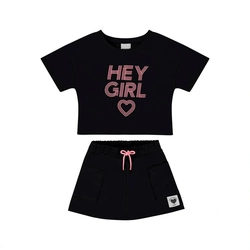 Conjunto Camiseta Manga Curta e Shorts Saia Malwee Hey Girl Feminino - Preto