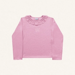 Blusinha Manga Longa Malha Gola Babado Aplique Rosa Fakini – Feminina