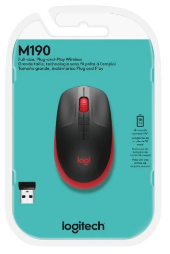 Mouse sem fio Logitech M190, 1000DPI, Preto e Vermelho