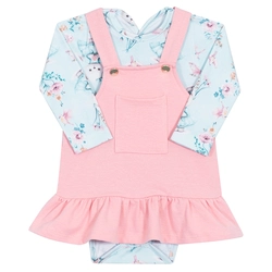Conjunto Body Manga Longa Ursinho Azul e Salopete Randa Mundu - Feminino