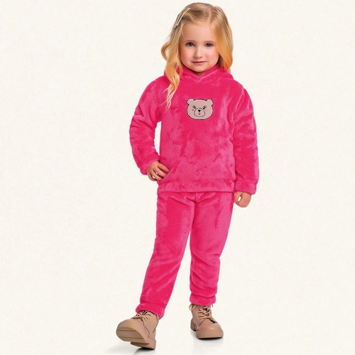 Conjunto Peluciado Bordado Ursinho Rosa Fakini - Feminino