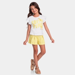 Conjunto Blusa Manga Curta e Shorts Fresh Time Fakini Feminino Branco/Amarelo