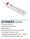 Filtro De Linha Extensão 6 Tomadas e 2 Usb 10A/250V Cabo 3M On-sl7609 - Onistek