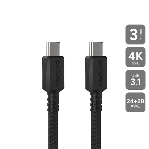 Cabo Usb Tipo-c 3.1 P/ Usb Tipo-c 3.1 - Preto - 3 Metros - Nylon - Pucp3p