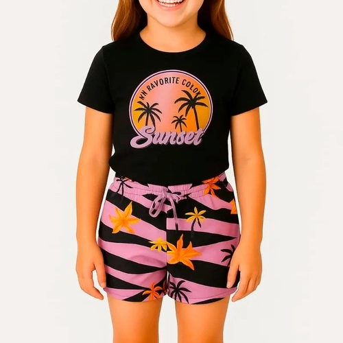 Conjunto Camiseta Manga Curta e Shorts Malwee Sunset Feminino - Preto