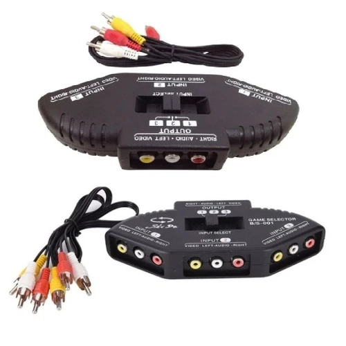 Adptador Com Chave Seletora - 3 Entradas Rca P/ 1 Saída Rca - C/ Cabo 3+3 Rca