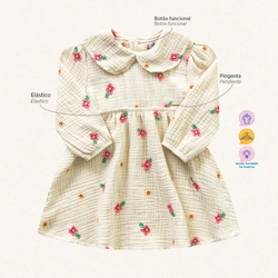 Vestido Manga Longa Bordado Flores Gola Bege Fakini - Feminino